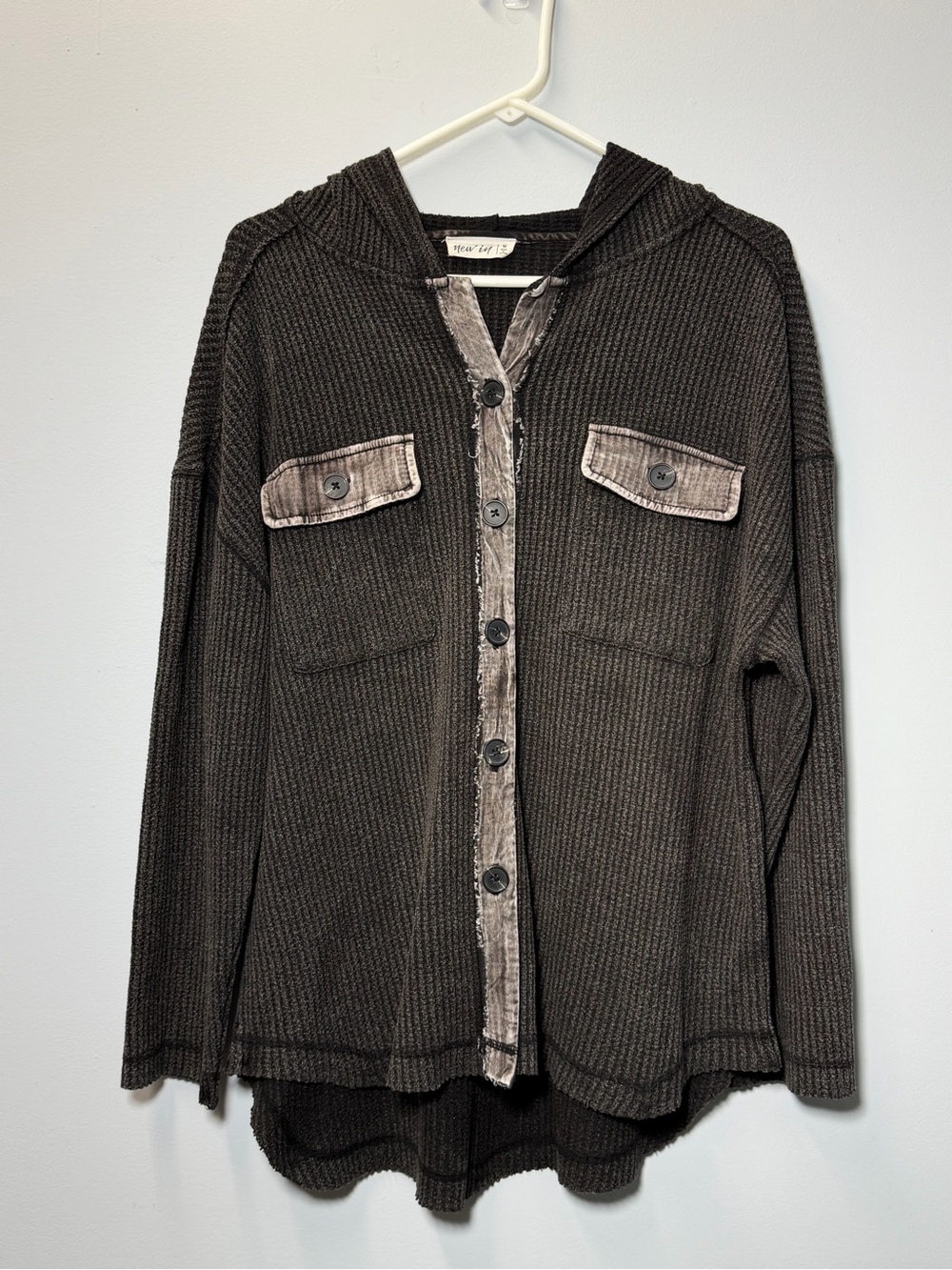 New In Waffle Knit Hooded Button-Up Shirt Jacket in Charcoal Mineral Wash Trim